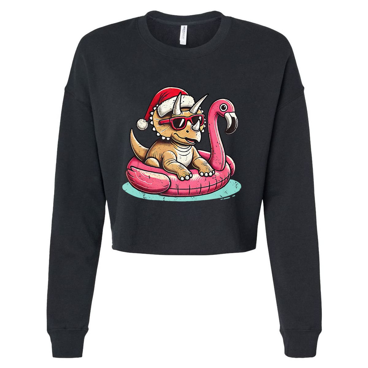 Funny Christmas In July Triceratops Santa Flamingo Floatie Cropped Pullover Crew