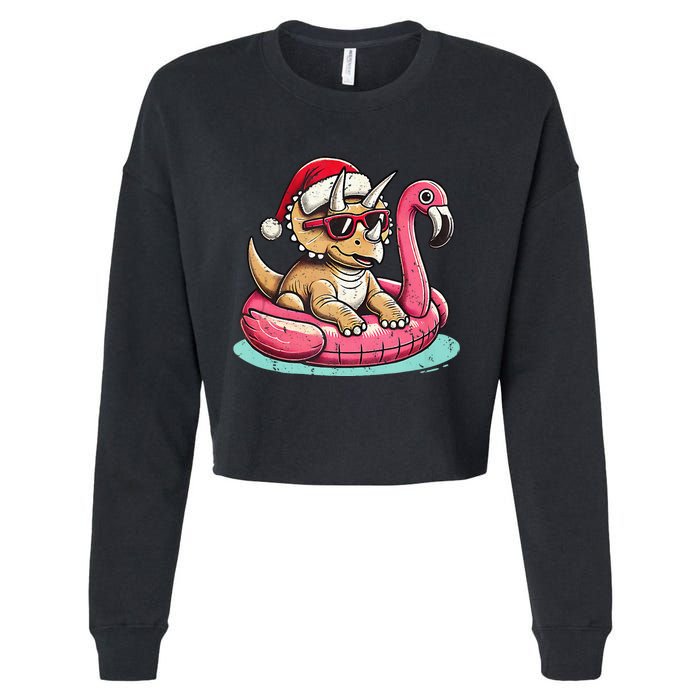 Funny Christmas In July Triceratops Santa Flamingo Floatie Cropped Pullover Crew