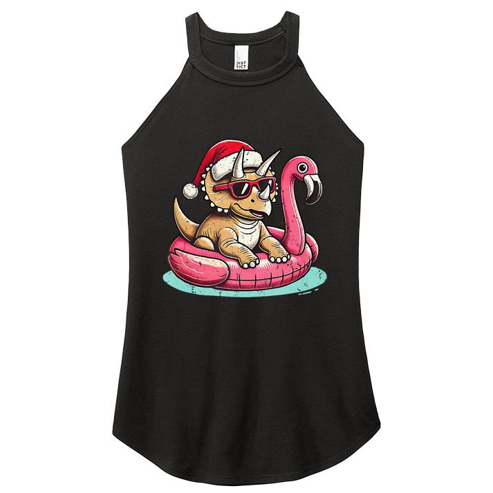 Funny Christmas In July Triceratops Santa Flamingo Floatie Women's Perfect Tri Rocker Tank