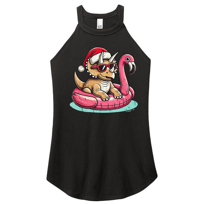 Funny Christmas In July Triceratops Santa Flamingo Floatie Women's Perfect Tri Rocker Tank