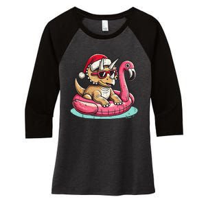 Funny Christmas In July Triceratops Santa Flamingo Floatie Women's Tri-Blend 3/4-Sleeve Raglan Shirt