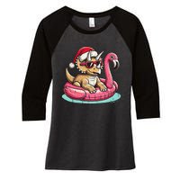 Funny Christmas In July Triceratops Santa Flamingo Floatie Women's Tri-Blend 3/4-Sleeve Raglan Shirt