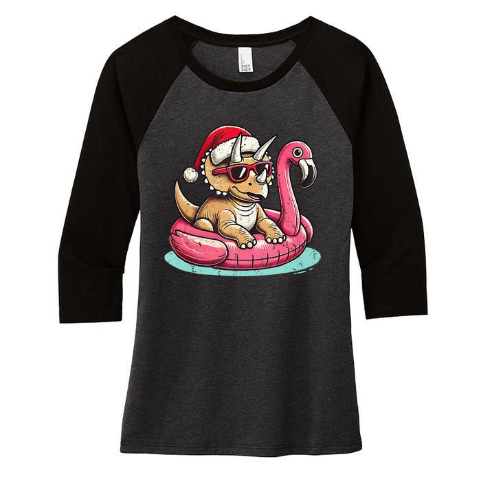 Funny Christmas In July Triceratops Santa Flamingo Floatie Women's Tri-Blend 3/4-Sleeve Raglan Shirt