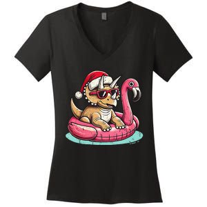 Funny Christmas In July Triceratops Santa Flamingo Floatie Women's V-Neck T-Shirt