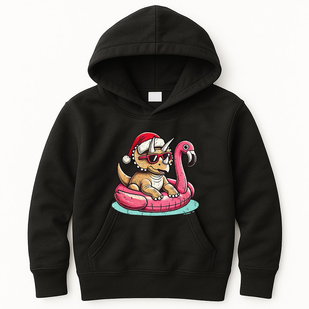 Funny Christmas In July Triceratops Santa Flamingo Floatie Kids Hoodie
