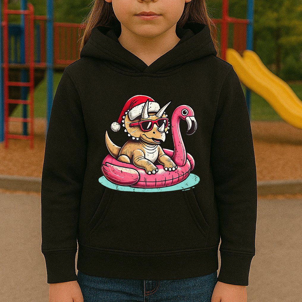 Funny Christmas In July Triceratops Santa Flamingo Floatie Kids Hoodie