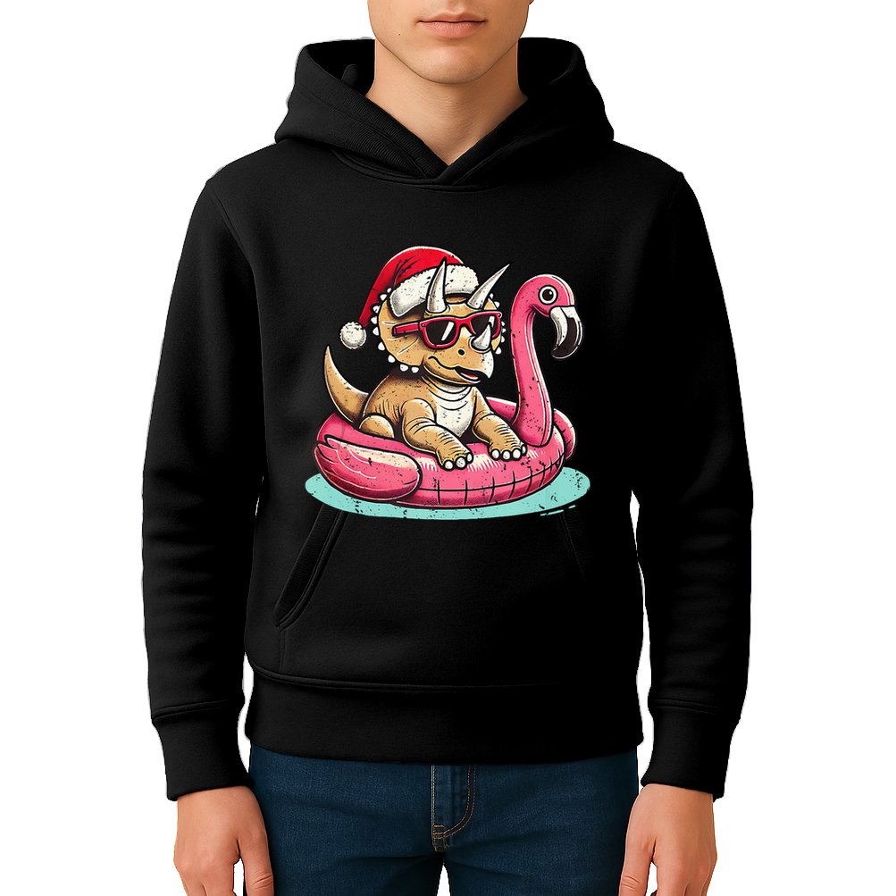 Funny Christmas In July Triceratops Santa Flamingo Floatie Kids Hoodie