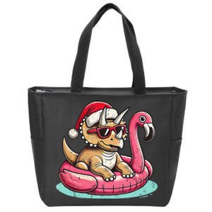 Funny Christmas In July Triceratops Santa Flamingo Floatie Zip Tote Bag