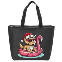 Funny Christmas In July Triceratops Santa Flamingo Floatie Zip Tote Bag