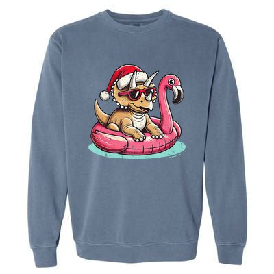 Funny Christmas In July Triceratops Santa Flamingo Floatie Garment-Dyed Sweatshirt