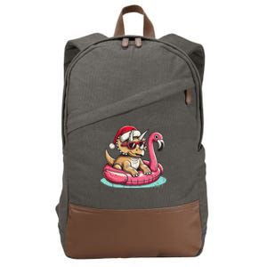 Funny Christmas In July Triceratops Santa Flamingo Floatie Cotton Canvas Backpack