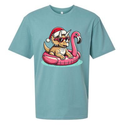 Funny Christmas In July Triceratops Santa Flamingo Floatie Sueded Cloud Jersey T-Shirt