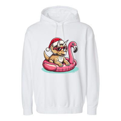 Funny Christmas In July Triceratops Santa Flamingo Floatie Garment-Dyed Fleece Hoodie