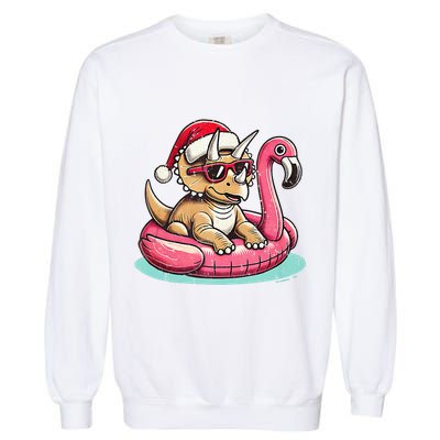 Funny Christmas In July Triceratops Santa Flamingo Floatie Garment-Dyed Sweatshirt