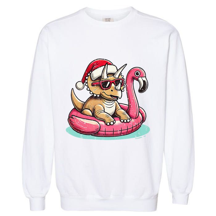 Funny Christmas In July Triceratops Santa Flamingo Floatie Garment-Dyed Sweatshirt