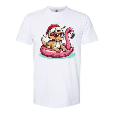 Funny Christmas In July Triceratops Santa Flamingo Floatie Softstyle CVC T-Shirt