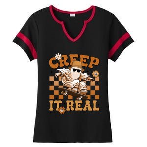 Funny Creep It Real Cute Ghost Skateboard Halloween Costume Gift Ladies Halftime Notch Neck Tee