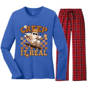 Funny Creep It Real Cute Ghost Skateboard Halloween Costume Gift Women's Long Sleeve Flannel Pajama Set 