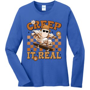 Funny Creep It Real Cute Ghost Skateboard Halloween Costume Gift Ladies Long Sleeve Shirt