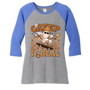 Funny Creep It Real Cute Ghost Skateboard Halloween Costume Gift Women's Tri-Blend 3/4-Sleeve Raglan Shirt