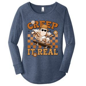 Funny Creep It Real Cute Ghost Skateboard Halloween Costume Gift Women's Perfect Tri Tunic Long Sleeve Shirt