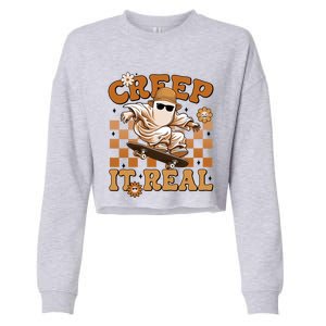 Funny Creep It Real Cute Ghost Skateboard Halloween Costume Gift Cropped Pullover Crew