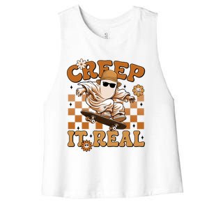 Funny Creep It Real Cute Ghost Skateboard Halloween Costume Gift Women's Racerback Cropped Tank