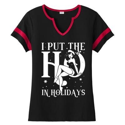 Funny Christmas I Put The Ho In Holidays Pin Up Girl Ladies Halftime Notch Neck Tee