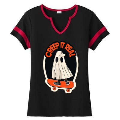 Funny Creep It Real Skateboarding Ghost Halloween Boo Spooky Ladies Halftime Notch Neck Tee