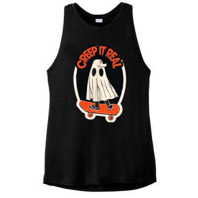 Funny Creep It Real Skateboarding Ghost Halloween Boo Spooky Ladies PosiCharge Tri-Blend Wicking Tank