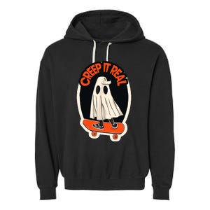 Funny Creep It Real Skateboarding Ghost Halloween Boo Spooky Garment-Dyed Fleece Hoodie