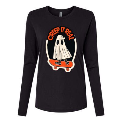 Funny Creep It Real Skateboarding Ghost Halloween Boo Spooky Womens Cotton Relaxed Long Sleeve T-Shirt