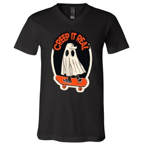 Funny Creep It Real Skateboarding Ghost Halloween Boo Spooky V-Neck T-Shirt