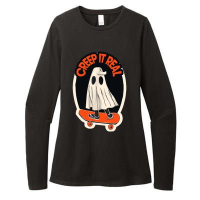 Funny Creep It Real Skateboarding Ghost Halloween Boo Spooky Womens CVC Long Sleeve Shirt