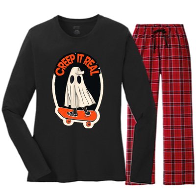 Funny Creep It Real Skateboarding Ghost Halloween Boo Spooky Women's Long Sleeve Flannel Pajama Set 