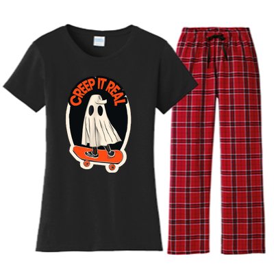 Funny Creep It Real Skateboarding Ghost Halloween Boo Spooky Women's Flannel Pajama Set