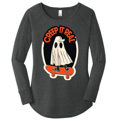 Funny Creep It Real Skateboarding Ghost Halloween Boo Spooky Women's Perfect Tri Tunic Long Sleeve Shirt