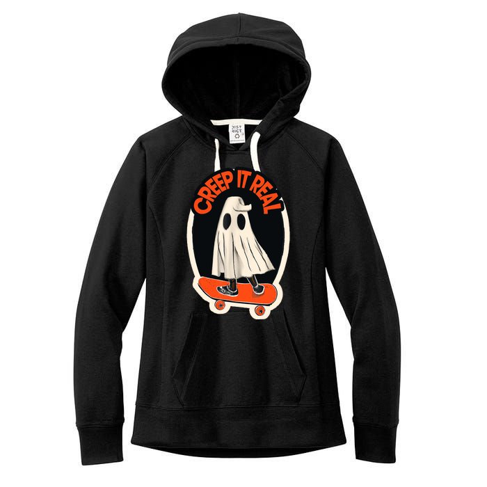 Funny Creep It Real Skateboarding Ghost Halloween Boo Spooky Women's Fleece Hoodie