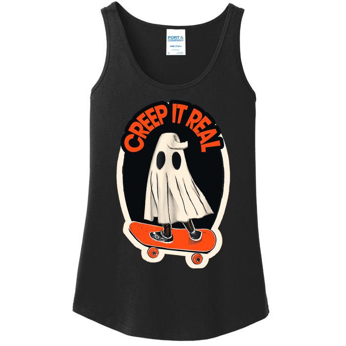 Funny Creep It Real Skateboarding Ghost Halloween Boo Spooky Ladies Essential Tank