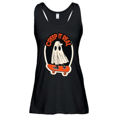 Funny Creep It Real Skateboarding Ghost Halloween Boo Spooky Ladies Essential Flowy Tank