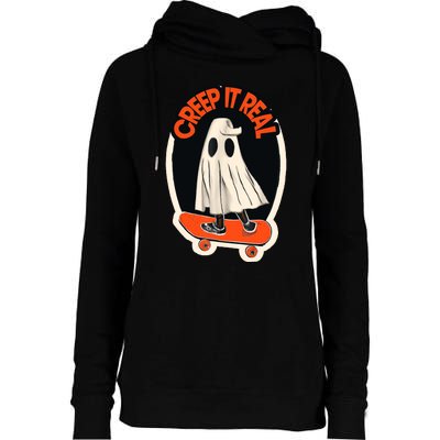 Funny Creep It Real Skateboarding Ghost Halloween Boo Spooky Womens Funnel Neck Pullover Hood