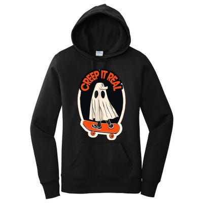 Funny Creep It Real Skateboarding Ghost Halloween Boo Spooky Women's Pullover Hoodie