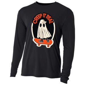 Funny Creep It Real Skateboarding Ghost Halloween Boo Spooky Cooling Performance Long Sleeve Crew