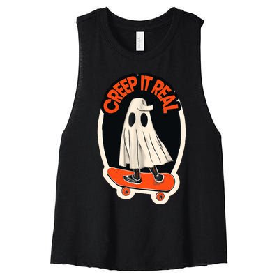 Funny Creep It Real Skateboarding Ghost Halloween Boo Spooky Women's Racerback Cropped Tank