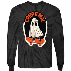 Funny Creep It Real Skateboarding Ghost Halloween Boo Spooky Tie-Dye Long Sleeve Shirt