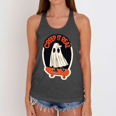 Funny Creep It Real Skateboarding Ghost Halloween Boo Spooky Women's Knotted Racerback Tank