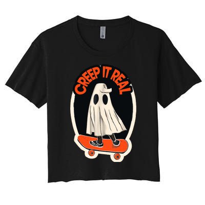 Funny Creep It Real Skateboarding Ghost Halloween Boo Spooky Women's Crop Top Tee