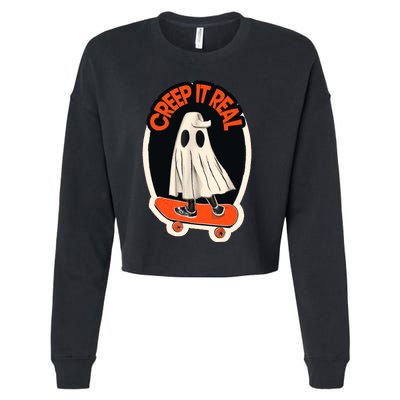 Funny Creep It Real Skateboarding Ghost Halloween Boo Spooky Cropped Pullover Crew