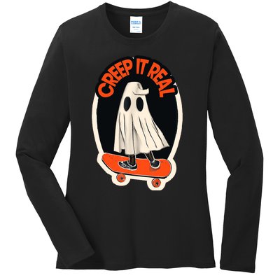 Funny Creep It Real Skateboarding Ghost Halloween Boo Spooky Ladies Long Sleeve Shirt