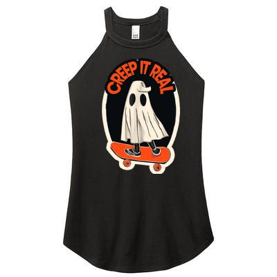 Funny Creep It Real Skateboarding Ghost Halloween Boo Spooky Women's Perfect Tri Rocker Tank